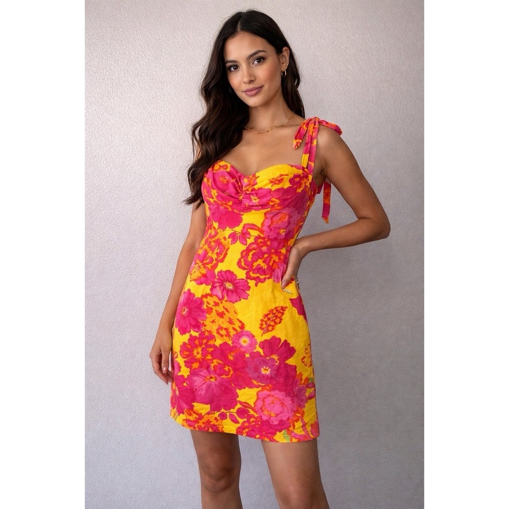 PrettyLittleThing Yellow Pink Floral A-Line Mini Dress Tie Strap Cotton Size 10